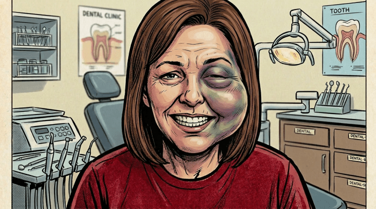 A woman smiling broadly with a bruised left eye and swollen left side of her face. AI-generated image.