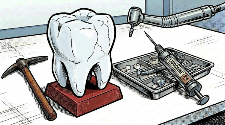 Large sculpture of a cracked molar on a stand next to several dental instruments. AI-generated image.